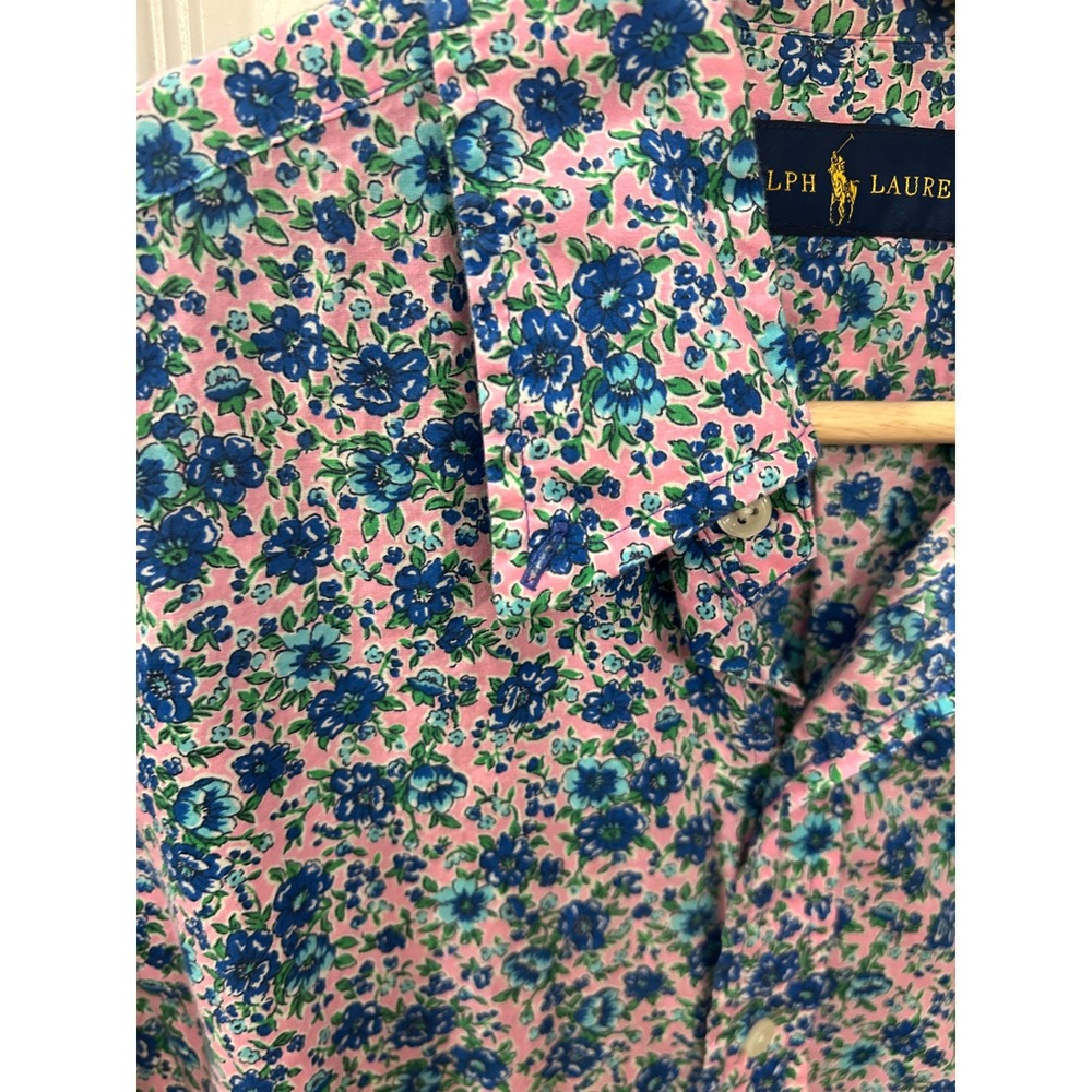 Ralph Lauren Button Down Shirt Pink Blue Floral Cotton Long Sleeve Mens M - Picture 2 of 4